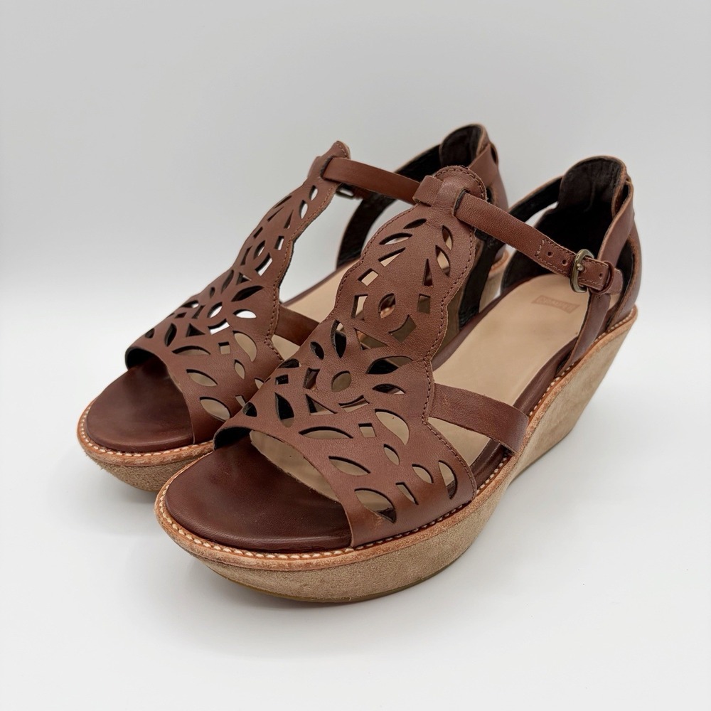 Camper Damas Cognac Leather Caged Slingback Wedge Sandals Sz 36/6